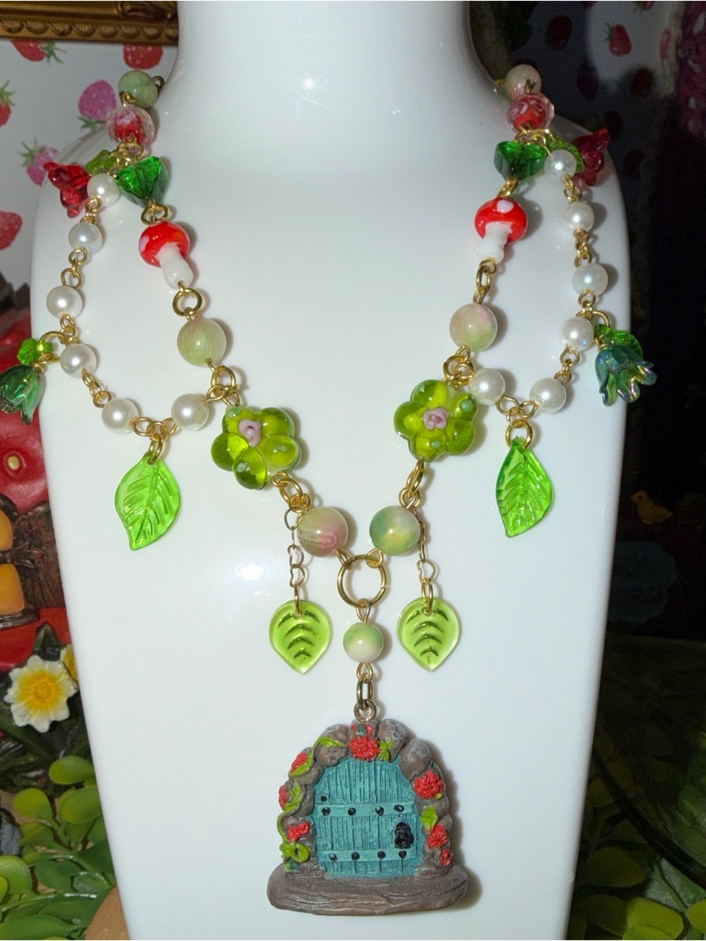 Whimsical Green Garden Door Pendant Necklace - Women Jewelry